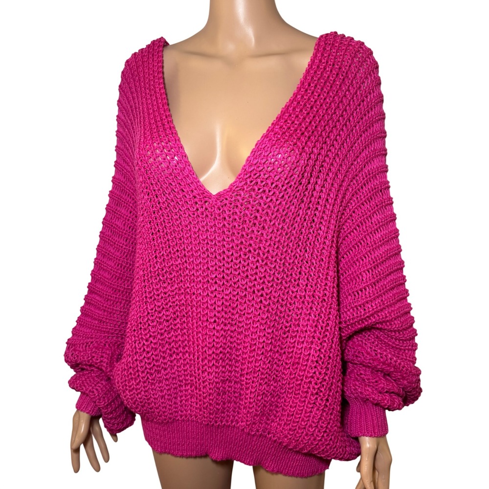 POL V Neck Oversized Knit Tunic Sweater Pink M Off the Shoulder‎ Long Sleeve